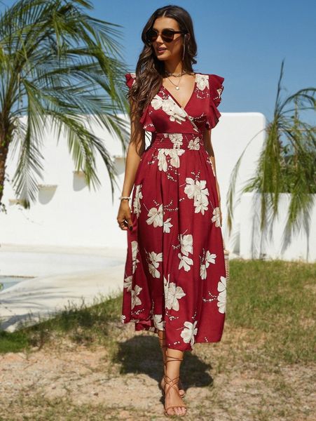 

floral print ruffle trim shirred dress w7uy#, Black;gray