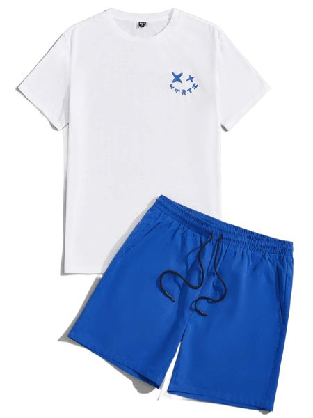

men cartoon face print tee & drawstring waist shorts set k9yk#, Gray