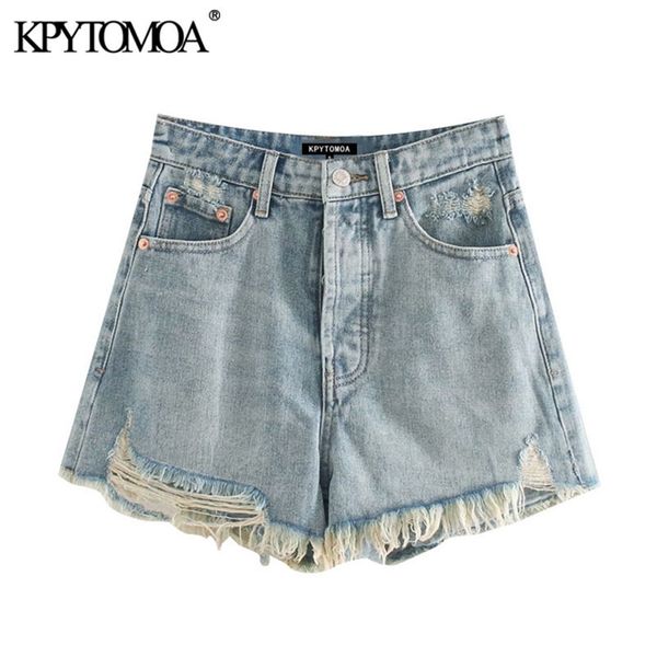 

kpytomoa women chic fashion ripped frayed denim shorts vintage high waist zipper fly pockets female short jeans mujer 201029, Blue