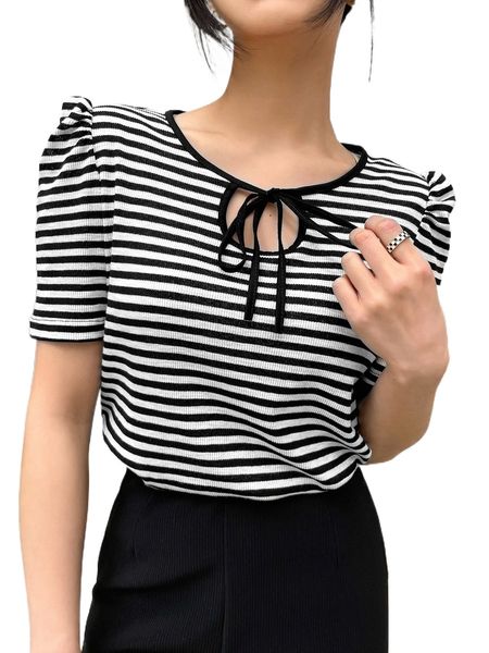 

dazy striped print tie front contrast binding tee g7gd#, White