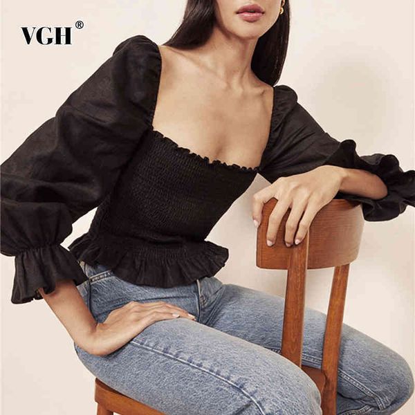 

vintage slim shirt for women square collar long sleeve black short blouse female fashion clothing spring 210507, White