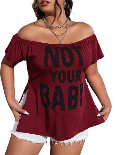 

plus slogan graphic off shoulder split hem tee o5d1#, Black