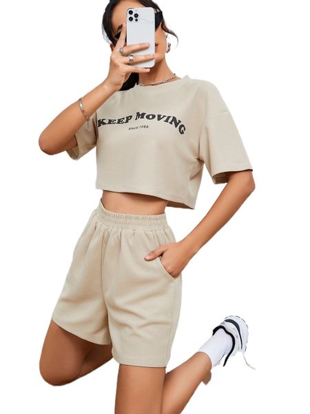 

slogan graphic drop shoulder tee & shorts j8dk#, White