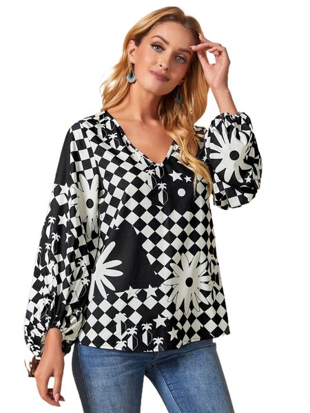 

emery rose v-neck floral & checkered print blouse q0o2#, White