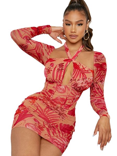 

floral print tie back bodycon dress q9ii#, Black;gray