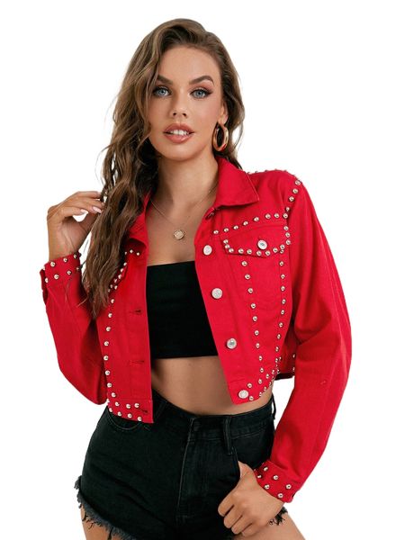 

studded detail flap detail denim jacket k7b4#, Black;brown
