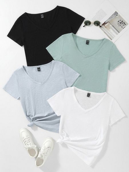 

4pcs solid v neck tee r1ru#, White