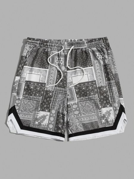 

men paisley scarf print striped trim drawstring waist shorts y1lp#, White;black
