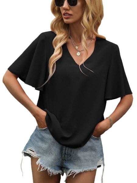 

v neck butterfly sleeve blouse l7px#, White