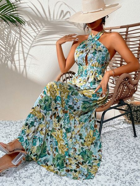 

floral print shirred waist cross wrap tie backless dress c3bj#, Black;gray