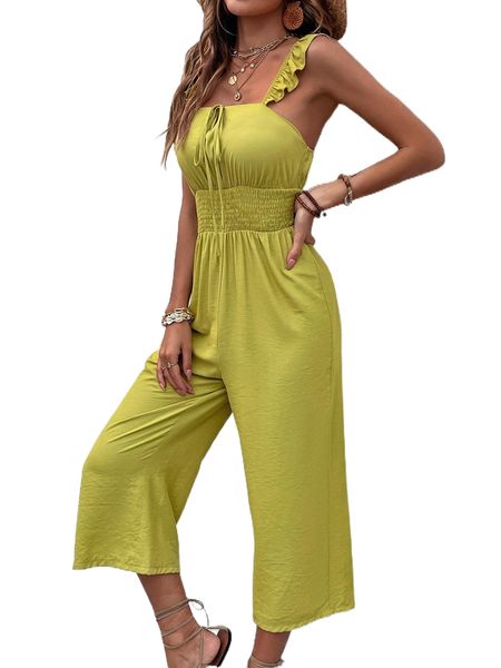 

tie front shirred waist ruffle trim jumpsuit s3ik#, Black;white