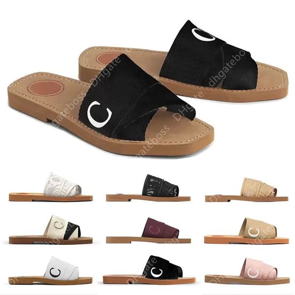 

designer canvas slippers women woody mules flat sandals rubber slides white black pink sail bordeaux lace lettering fabric womens