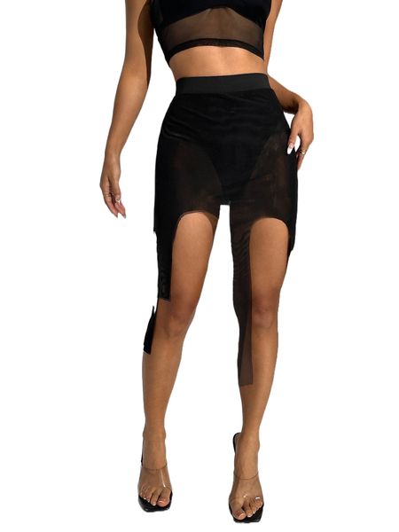 

knicker insert fringe hem mesh skirt z7oa#, Black