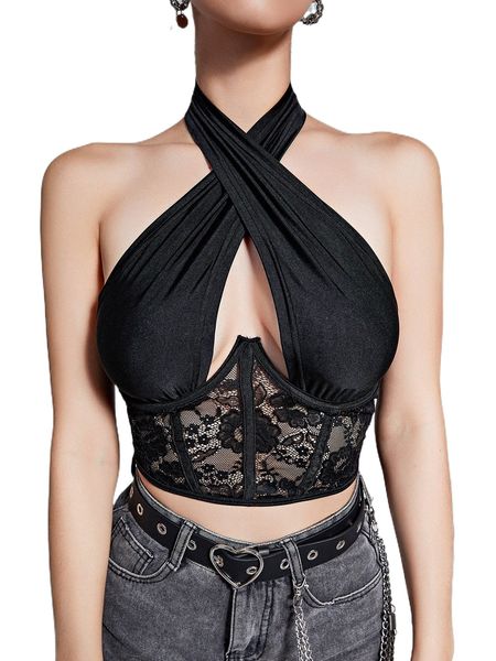 

contrast lace backless halter p1wn#, White