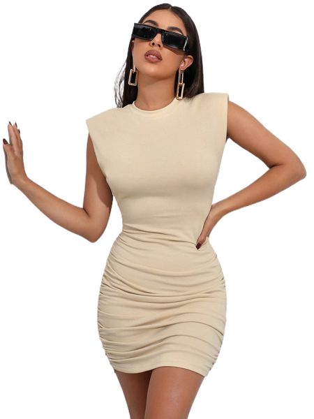 

shoulder pad ruched bodycon dress f3no#, Black;gray