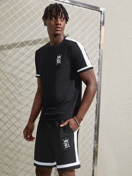 

men crown & letter graphic tee & drawstring waist shorts d0ga#, Gray