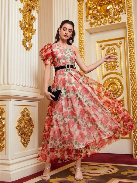 

allover floral one shoulder leg-of-mutton sleeve dress without belt z3ou#, Black;gray