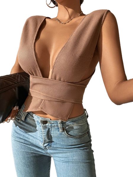 

petite plunging neck tie back textured crop tank b9vt#, White