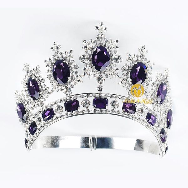 Clipes de cabelo barrettes concurso real grande cristal roxo strass tiara coroa banda de cabeça noivo