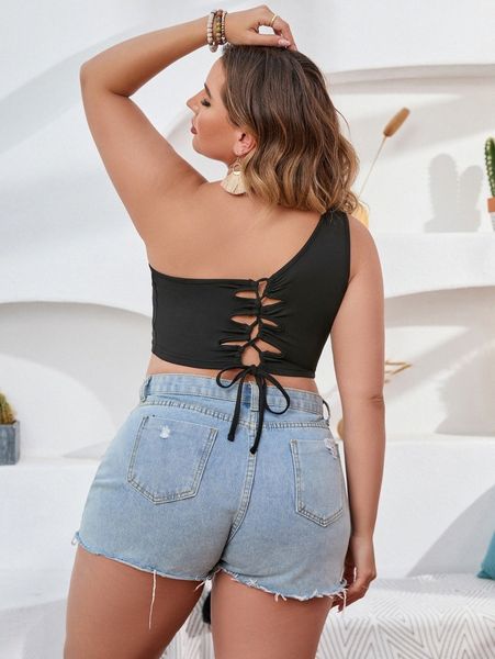 

plus one shoulder lace up back s4r6#, Black