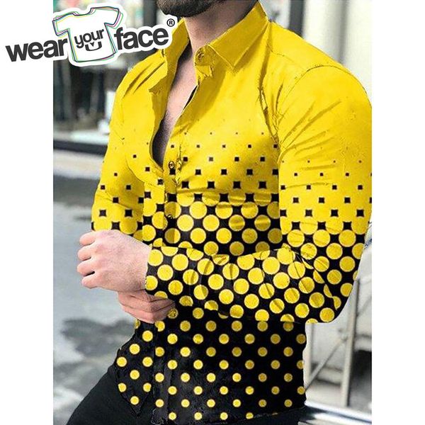 

gradient points geometry 3d all over printed hawaiian casual button up dress shirts full sleeve beach streetwear men clothing 220609, White;black