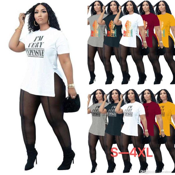 2022 Womens Plus Size Clothing Designer Tracksuits Short Sleeve Printed T Shirt Mesh Sheer Yoga Pants 2 Piece Outfit
