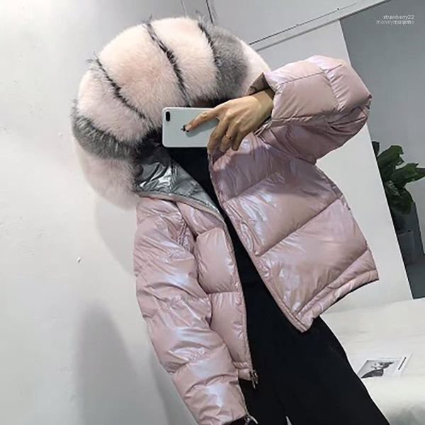 Piumino da donna Parka Cappotto in vera pelliccia a due lati Colletto naturale 2022 Giacca invernale Donna Cotone corto allentato e Parka caldo spesso R1 Stra22