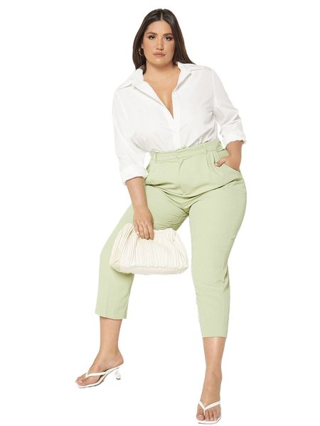 

plus high waist fold pleated tailored pants q2tr#, Black