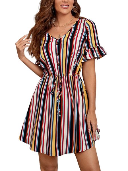 

block striped flounce sleeve knot front a-line dress j5bo#, Black;gray