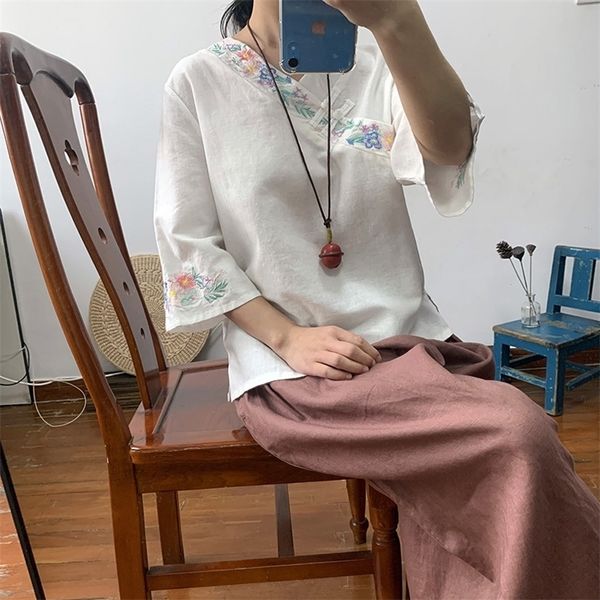 Casaco bordado estilo nacional de algodão retrô chinês e cânhamo blusa feminina cuff curta 220316