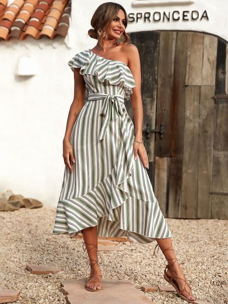 

one shoulder ruffle trim self belted striped dress n5pi#, Black;gray
