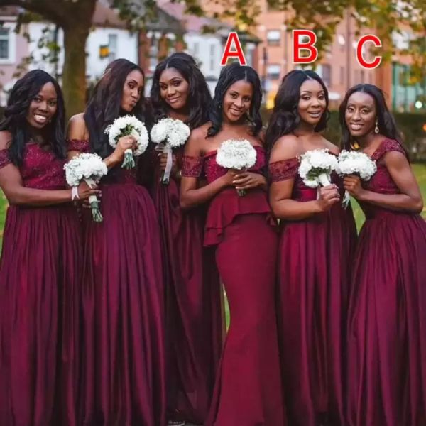 

2022 burgundy bridesmaid dresses mermaid off the shoulder peplum floor length lace applique custom made maid of honor gown african wedding g, White;pink