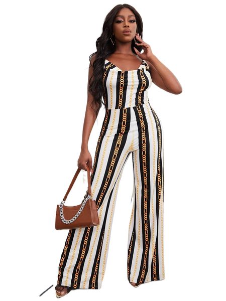 

sxy draped front chain print jumpsuit s8pq#, Black;white