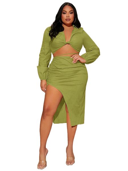 

sxy plus lantern sleeve crop & tie back ruched split thigh skirt o5gg#, Black