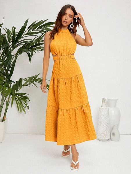 

cut out waist flounce hem dress s61g#, Black;gray