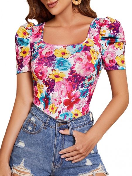 

allover floral print puff sleeve tee 55ri#, White