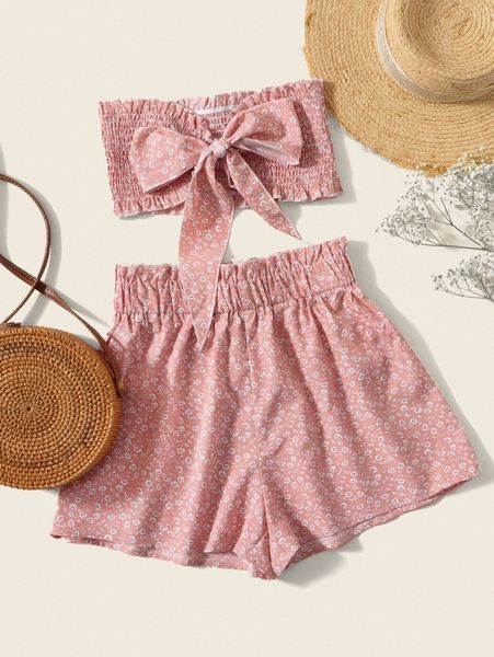 

ditsy floral print shirred knot front tube & paperbag waist shorts c6m9#, White