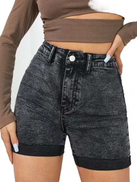 

petite rolled hem biker denim shorts a10n#, White;black