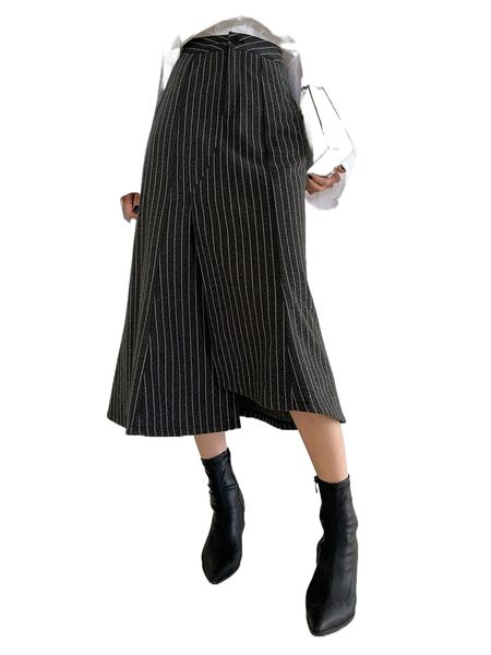 

dazy high waist pinstriped asymmetrical hem skirt c6a7#, Black