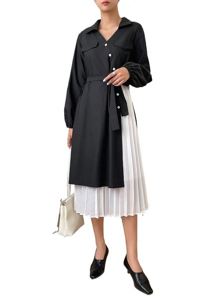 

dazy colorblock button front belted shirt dress q4a5#, Black;gray