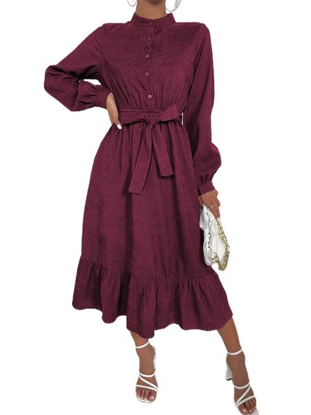 

half button lantern sleeve belted ruffle hem corduroy dress t9ho#, Black;gray