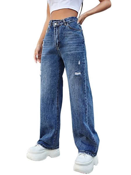 

ripped washed wide leg jeans 43cc#, Blue