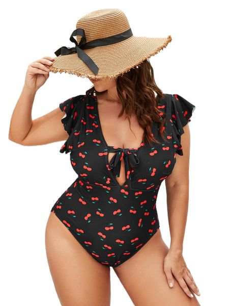 

plus cherry print tie front flutter sleeve one piece swimsuit w5kw#, White;black