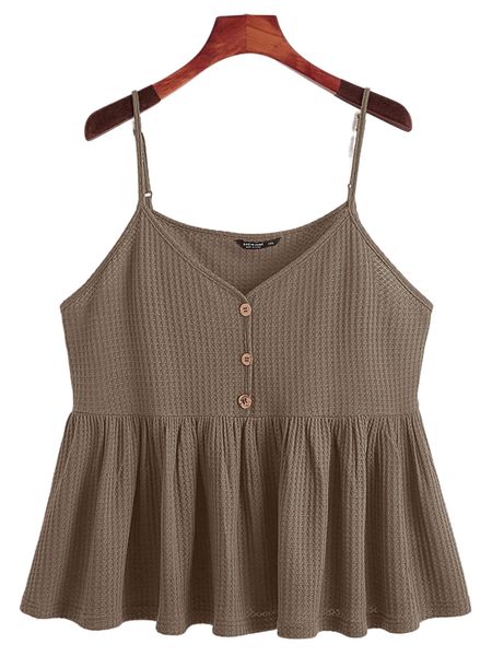 

plus waffle knit ruffle hem cami c4an#, Black