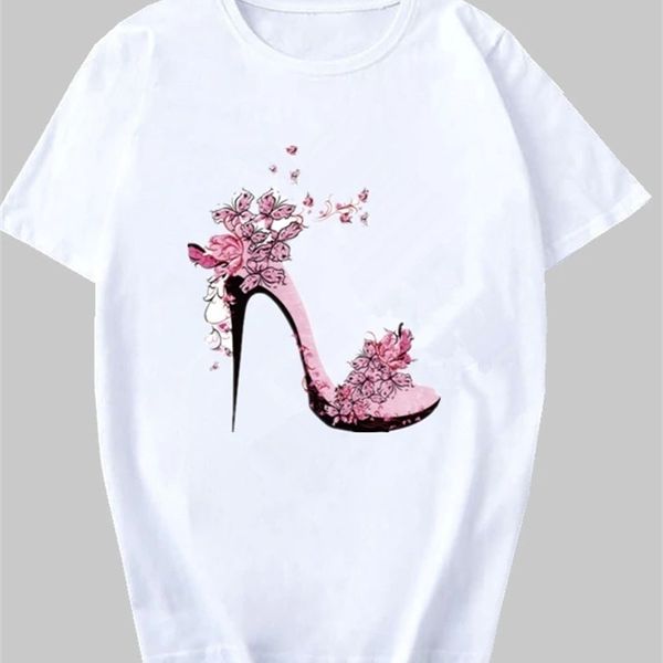 Mulheres 2020 Verão Manga Curta Sapato Floral Fashion Senhora T-Shirts Top Camiseta Senhoras Mulheres Gráfico Feminino T-shirt 220408