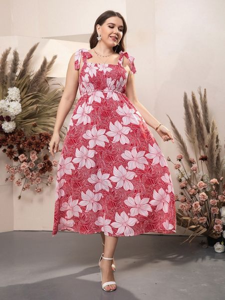 

plus floral print shirred frilled tie shoulder cami dress v4ja#, Black