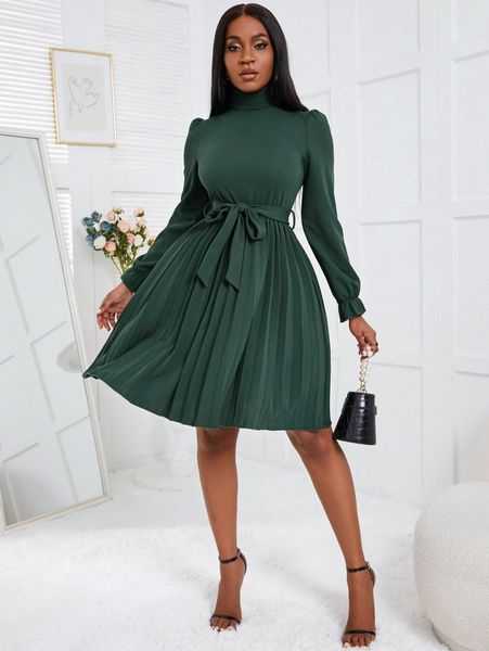 

turtleneck flounce sleeve pleated hem belted dress b6lo#, Black;gray