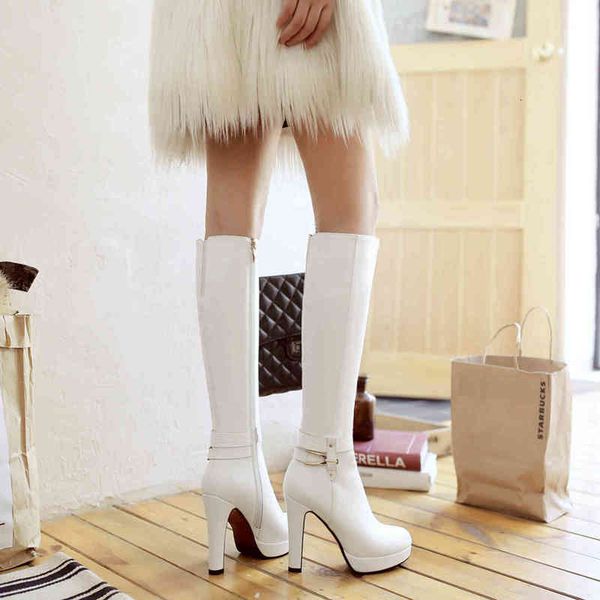 

boots women's winter high heels platform knee women fashion buckle zipper white shoes fv2a, Black