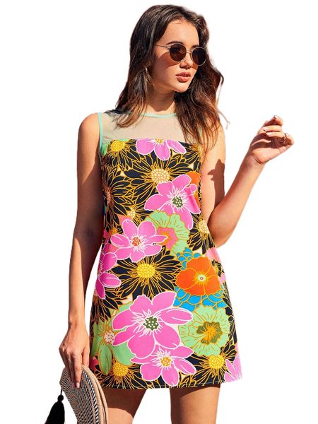 

floral print mesh insert tunic dress h7am#, Black;gray