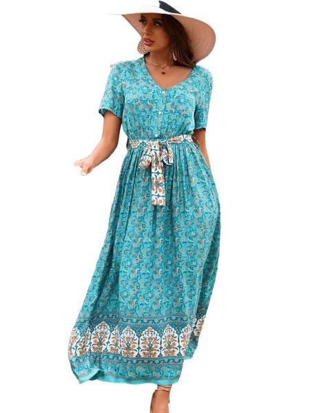 

ditsy floral print v-neck belted dress a29y#, Black;gray